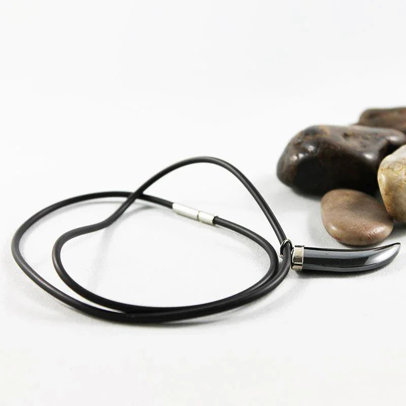 Black Rubber Necklace with Grey Horn Pendant - Gothic Grace Inc