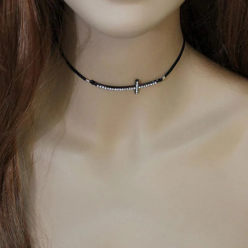 Black Sparkly Sideways Cross Choker - Gothic Grace Inc