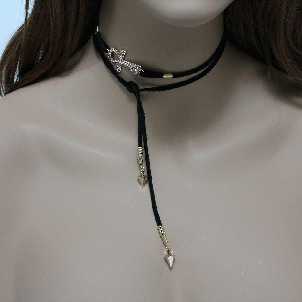 Black Suede Gold Sideways Ankh Lariat Necklace - Gothic Grace Inc