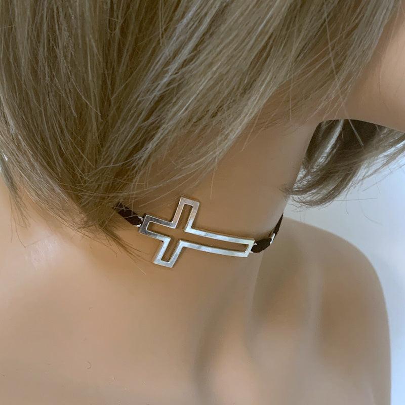 Black Suede Large Sideways Cross Choker - Gothic Grace Inc