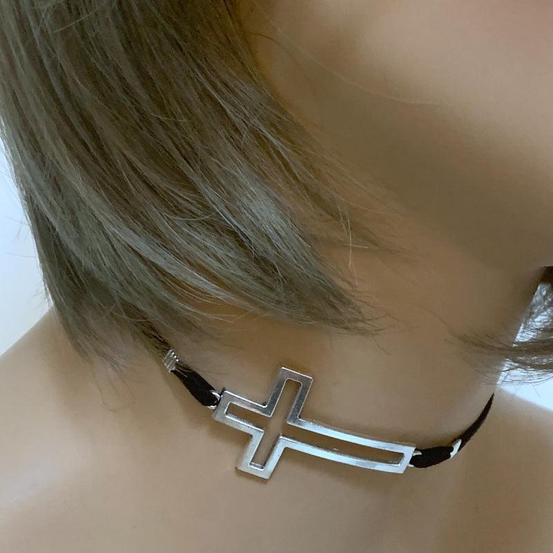 Black Suede Large Sideways Cross Choker - Gothic Grace Inc