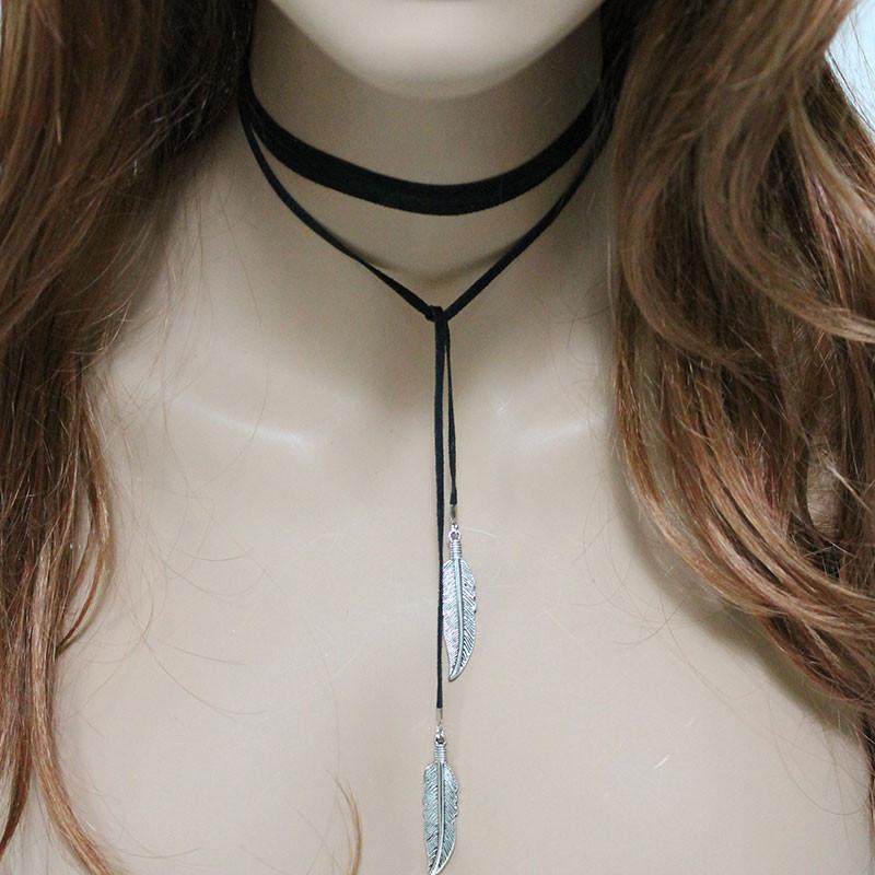 Black Suede Silver Feather Boho Lariat - Gothic Grace Inc
