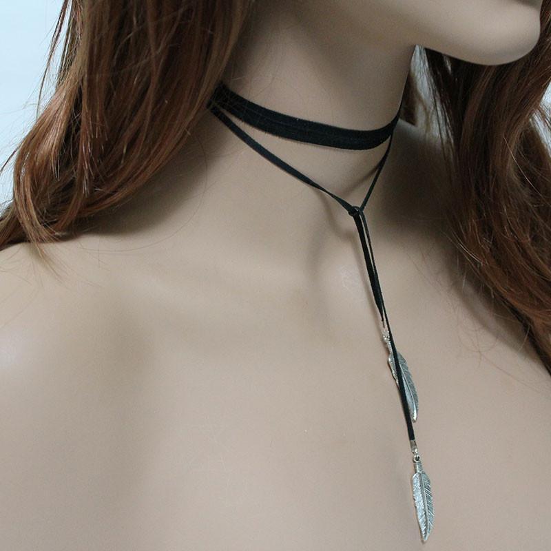 Black Suede Silver Feather Boho Lariat - Gothic Grace Inc