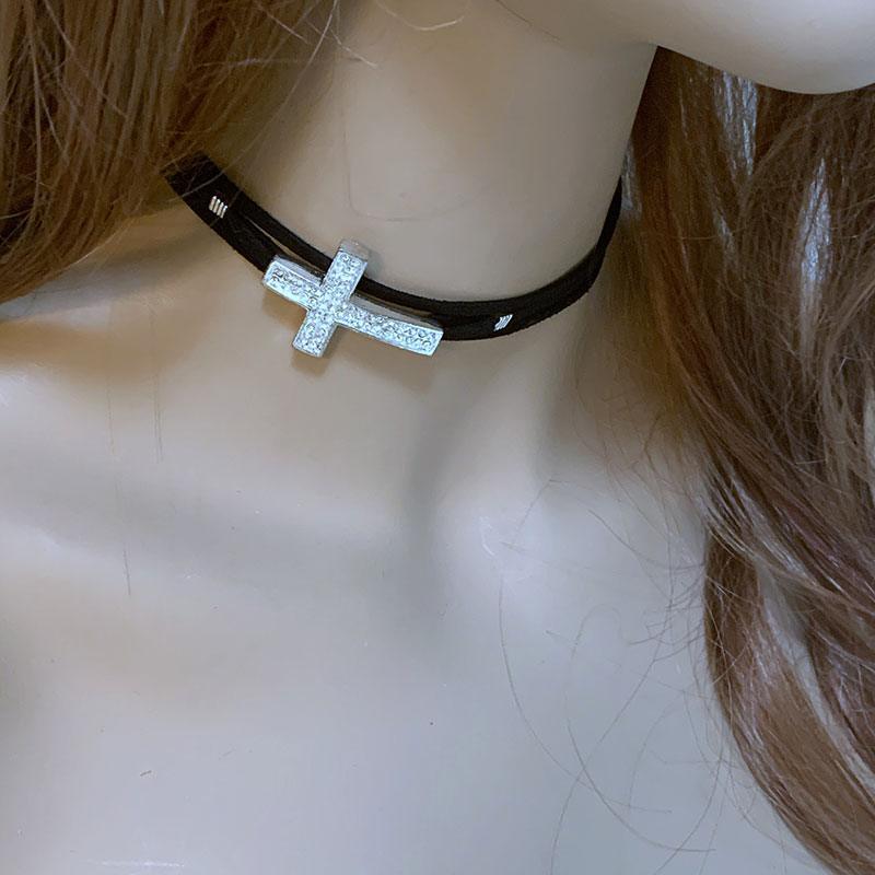 Black Suede Sparkle Sideways Cross Choker - Gothic Grace Inc