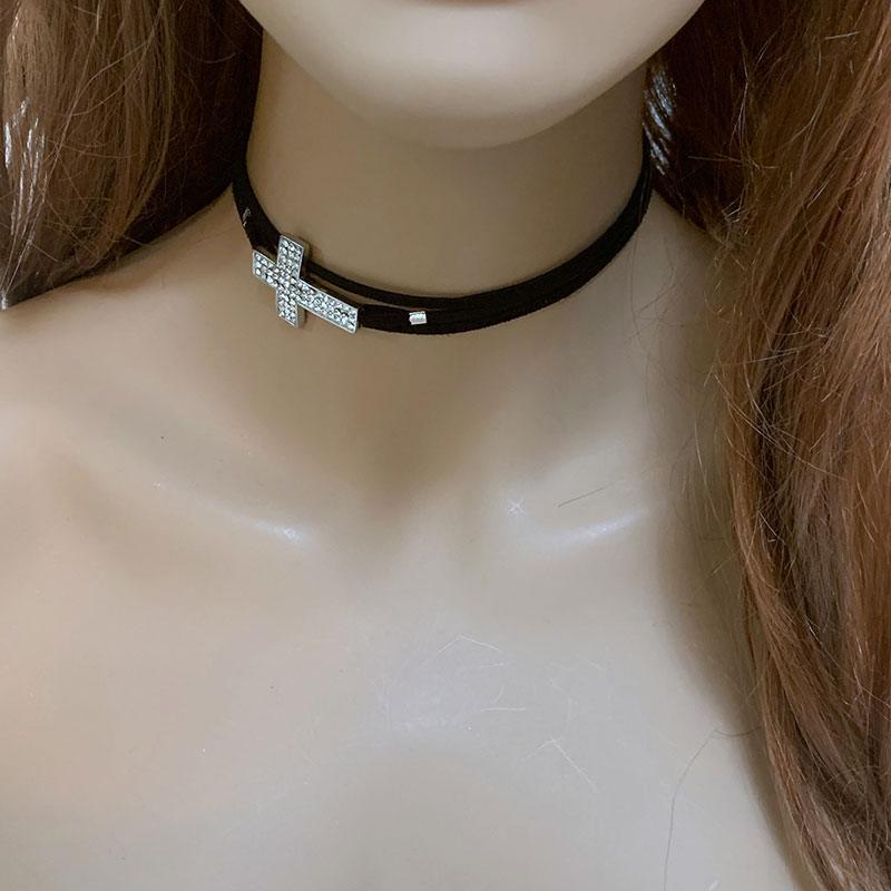 Black Suede Sparkly Sideway Cross Choker - Gothic Grace Inc