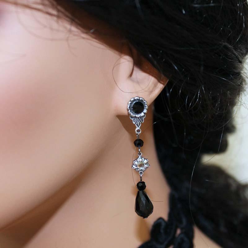 Black Teardrop Victorian Dangle Earrings - Gothic Grace Inc
