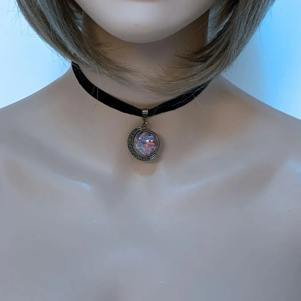 Black Velvet Brass Rotating Moon Choker - Gothic Grace Inc
