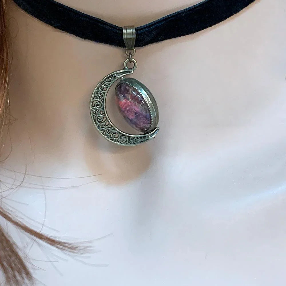 Black Velvet Brass Rotating Moon Choker - Gothic Grace Inc
