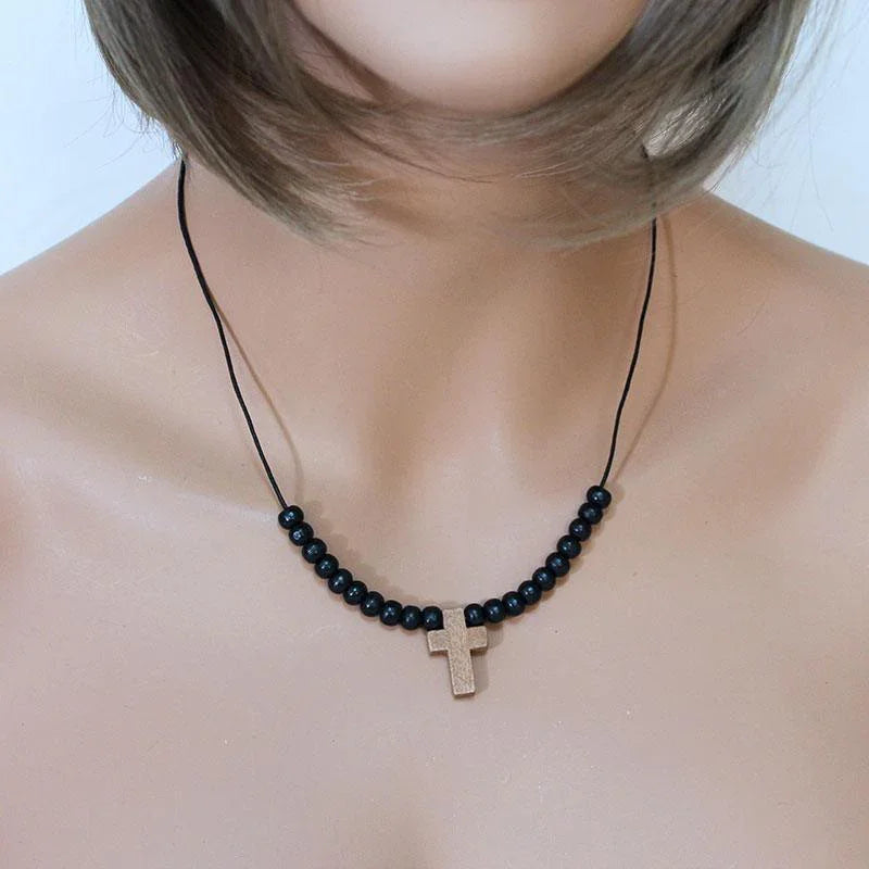 Black Wood Bead Cross Necklace - Gothic Grace Inc