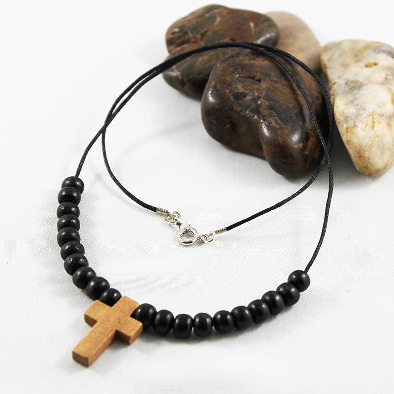 Black Wood Bead Cross Necklace - Gothic Grace Inc