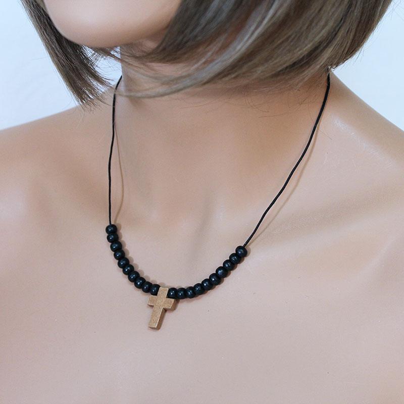 Black Wood Bead Cross Necklace - Gothic Grace Inc