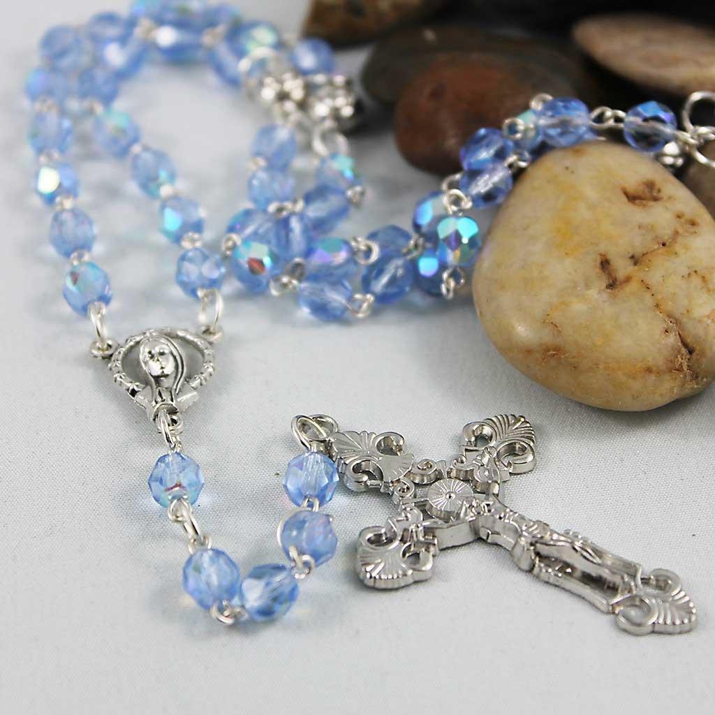 Blue Crystal Silver Cross Rosary Necklace - Gothic Grace Inc