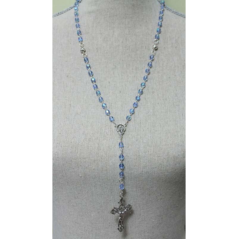 Blue Crystal Silver Cross Rosary Necklace - Gothic Grace Inc