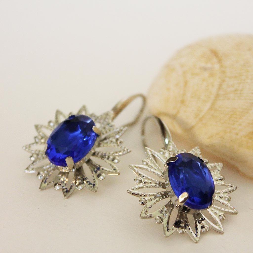 Blue Crystal Silver Filigree Dangle Earrings - Gothic Grace Inc
