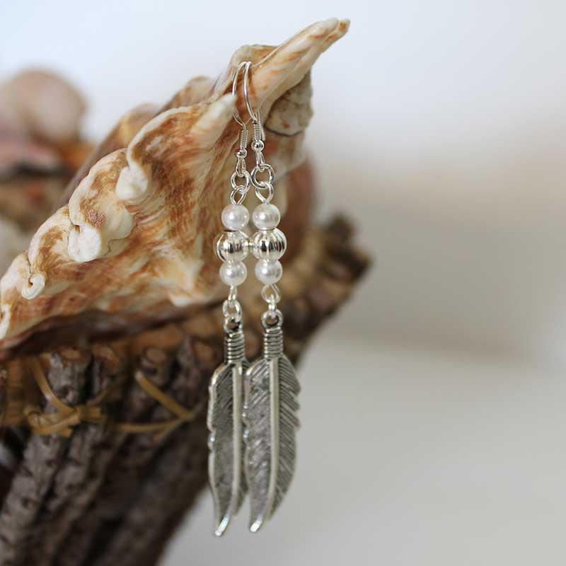 Boho Double Pearl Feather Dangle Earrings - Gothic Grace Inc