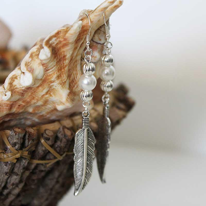 Boho Long Pearl Feather Dangle Earrings - Gothic Grace Inc