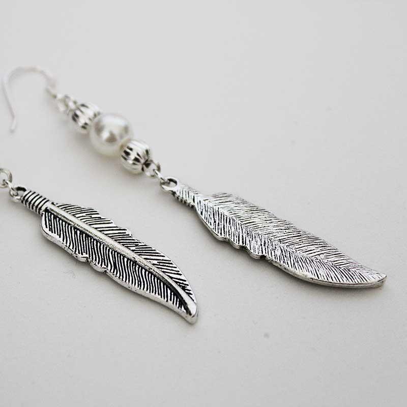 Boho Long Pearl Feather Dangle Earrings - Gothic Grace Inc