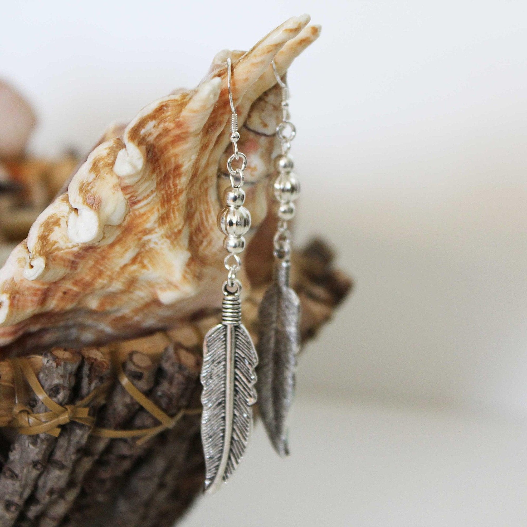Boho Silver Bead Feather Dangle Earrings - Gothic Grace Inc