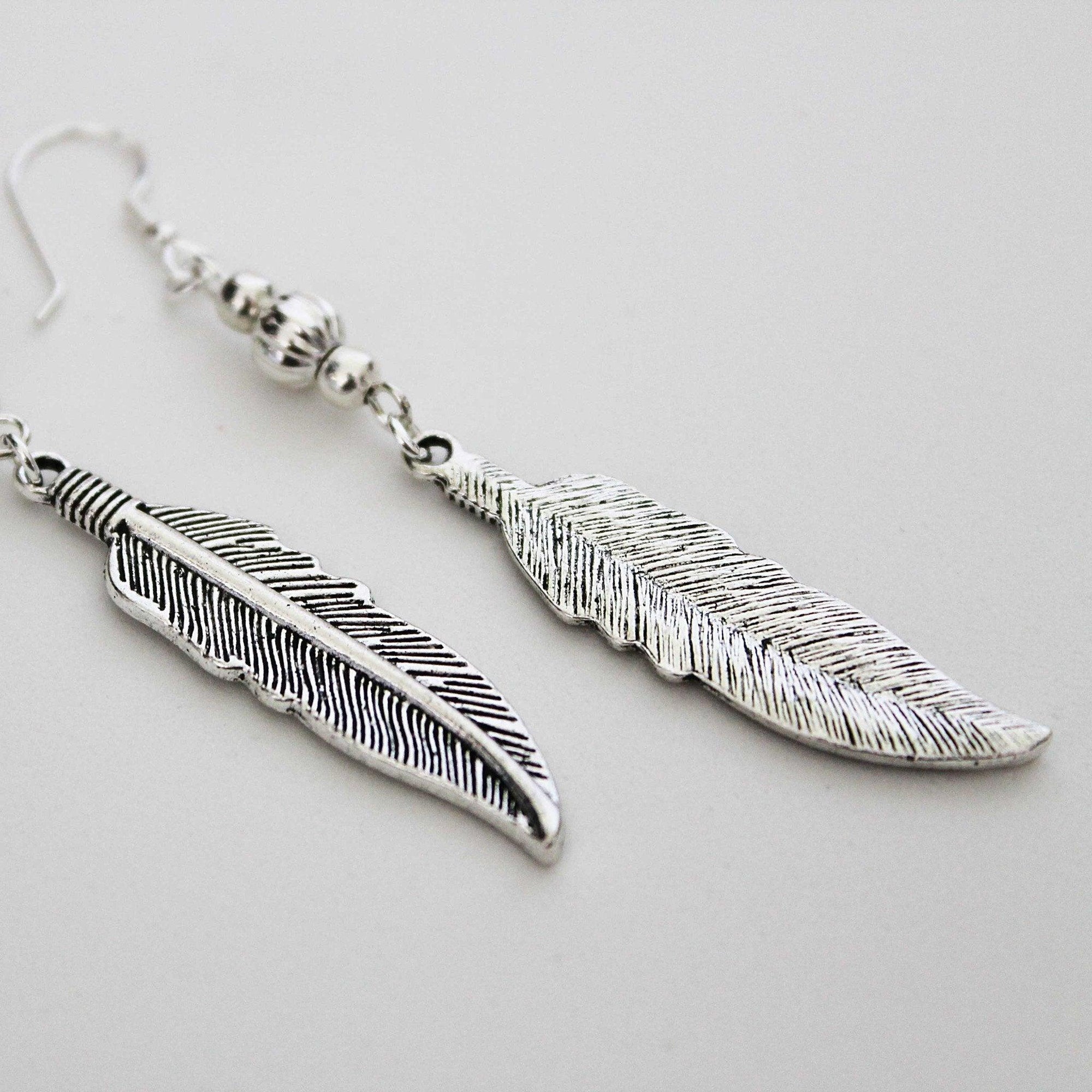 Boho Silver Bead Feather Dangle Earrings - Gothic Grace Inc