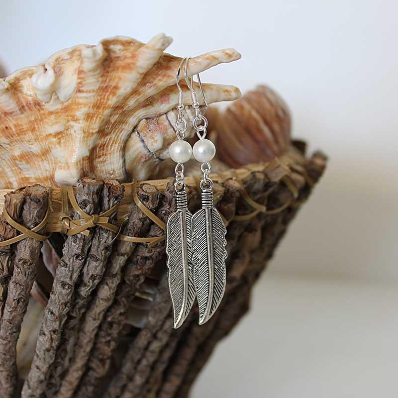 Boho Silver Feather Single Pearl Dangle Earrings - Gothic Grace Inc