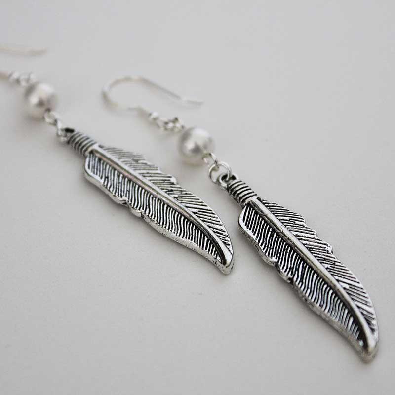 Boho Silver Feather Single Pearl Dangle Earrings - Gothic Grace Inc