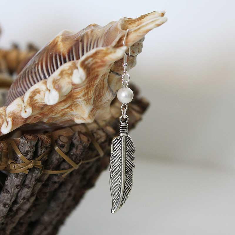 Boho Silver Feather Single Pearl Dangle Earrings - Gothic Grace Inc
