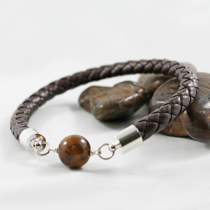 Braided Brown Leather Bangle with Tiger Eye Bead - Gothic Grace Inc