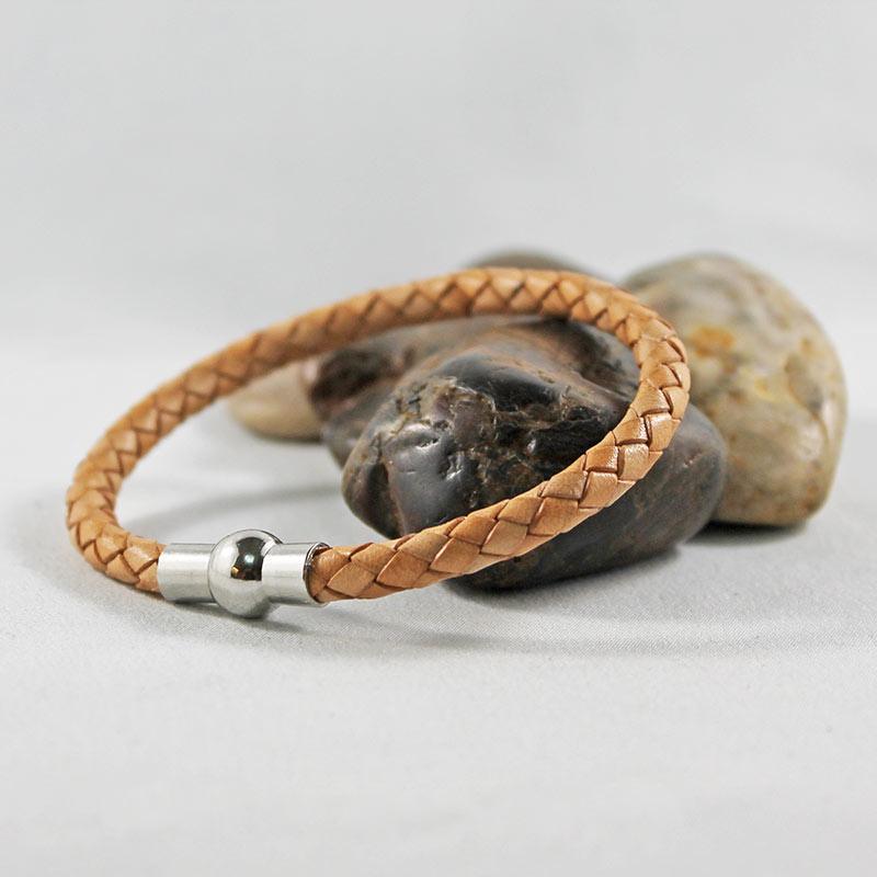 Braided Tan Leather Silver Magnetic Clasp Bracelet - Gothic Grace Inc