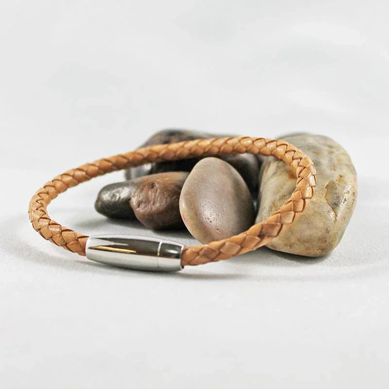 Braided Tan Leather Stainless Tube Magnetic Clasp Bracelet - Gothic Grace Inc