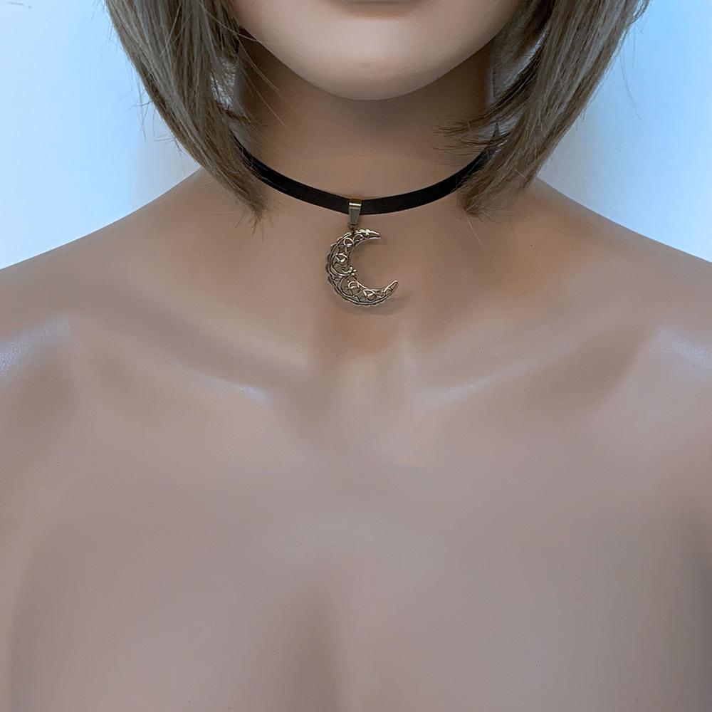 Brass Crescent Moon Ribbon Choker Necklace - Gothic Grace Inc
