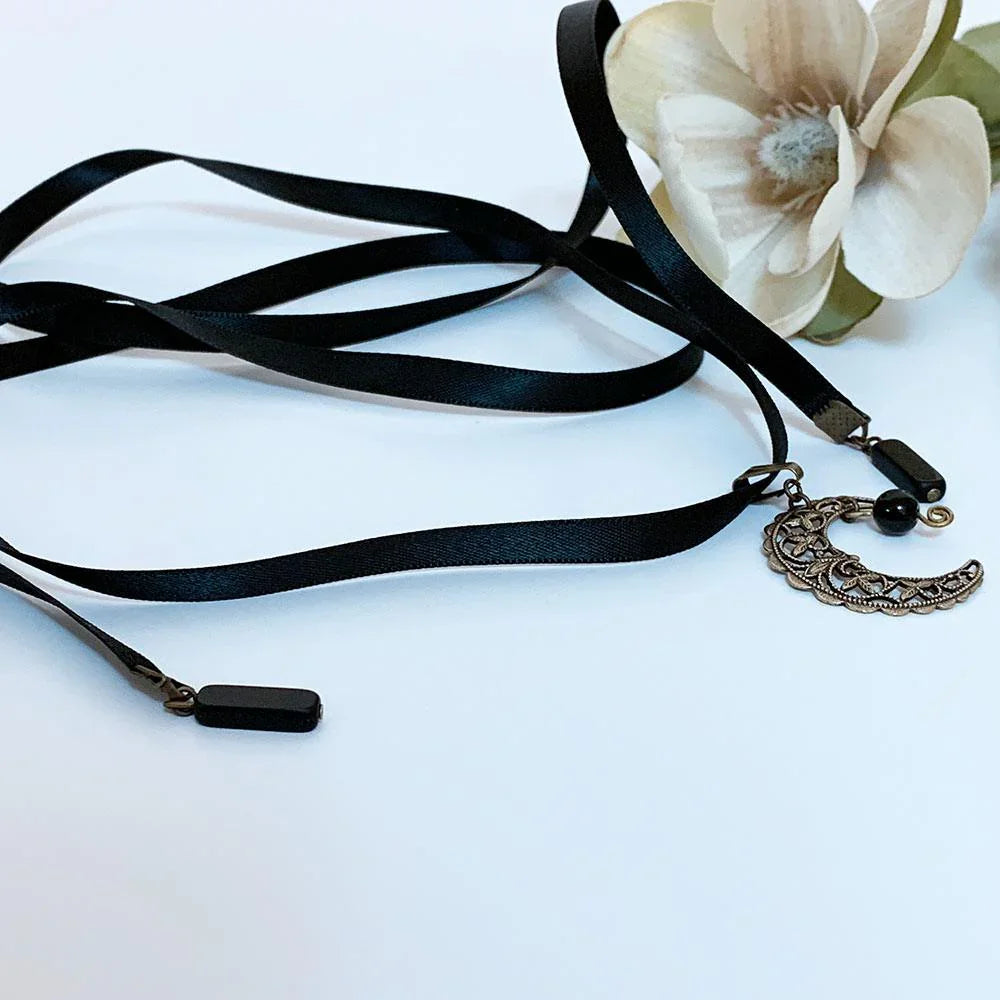 Brass Filigree Moon Ribbon Choker Necklace - Gothic Grace Inc