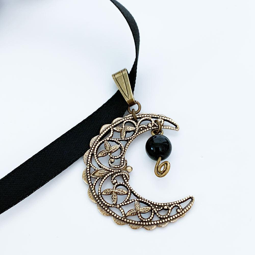 Brass Filigree Moon Ribbon Choker Necklace - Gothic Grace Inc