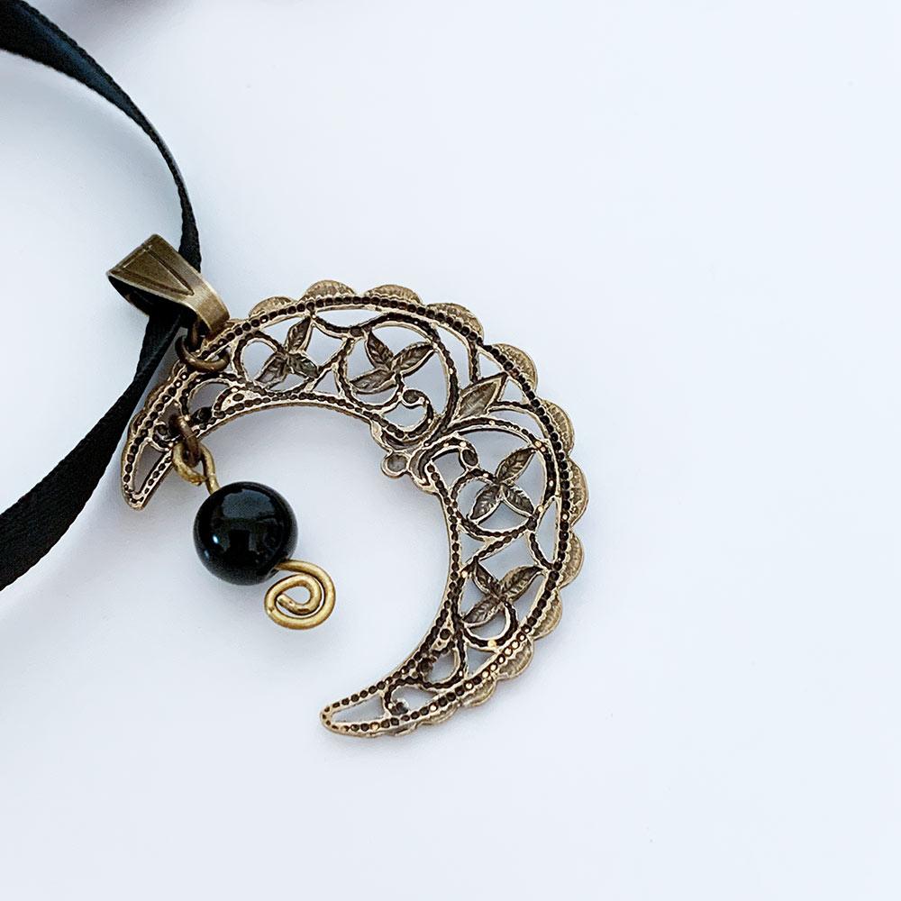 Brass Filigree Moon Ribbon Choker Necklace - Gothic Grace Inc