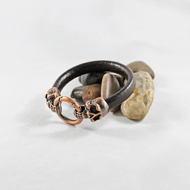 Brown Leather, Skull Bracelet - Gothic Grace Inc
