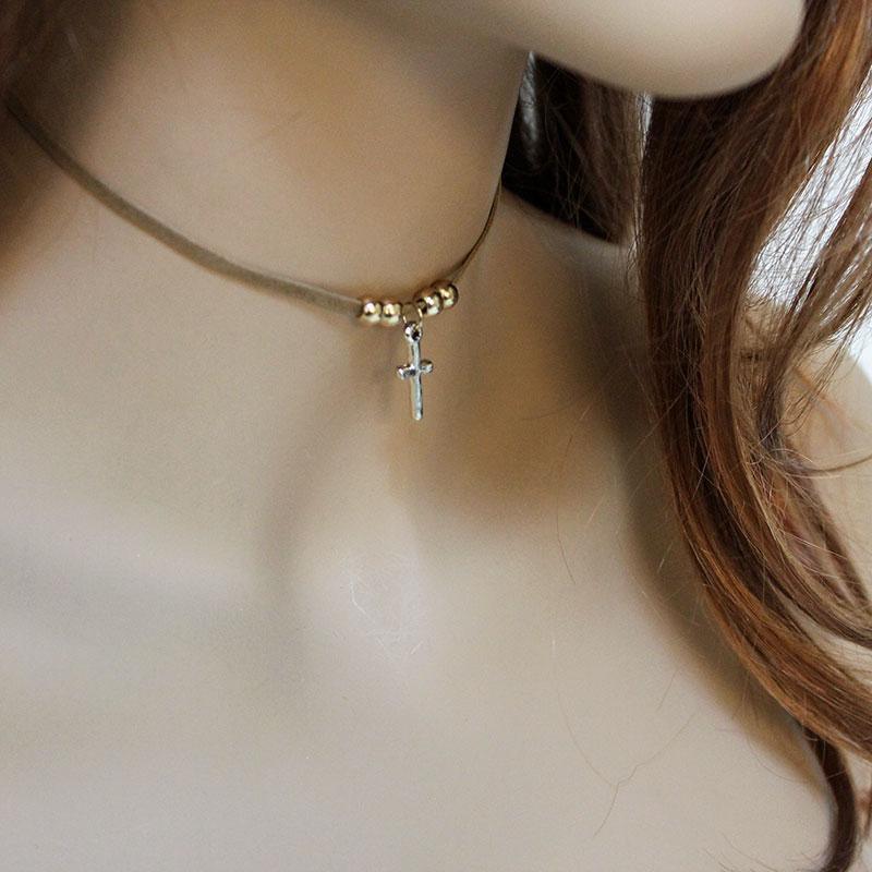 Brown Suede Cross Pendant Choker Necklace - Gothic Grace Inc