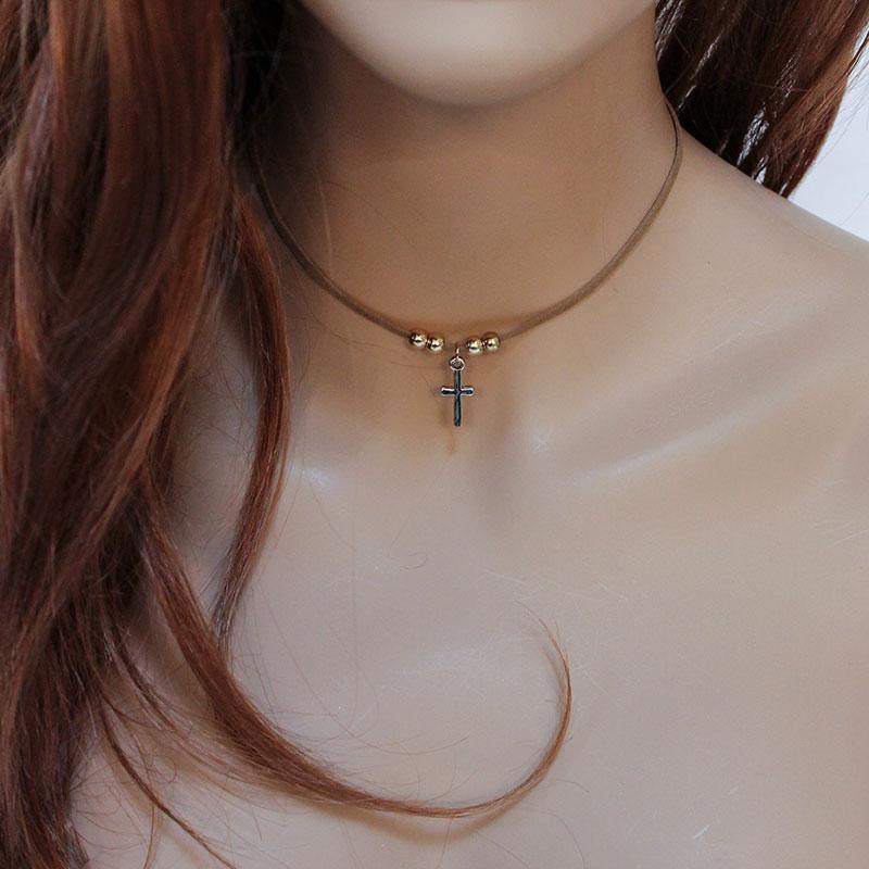 Brown Suede Cross Pendant Choker Necklace - Gothic Grace Inc