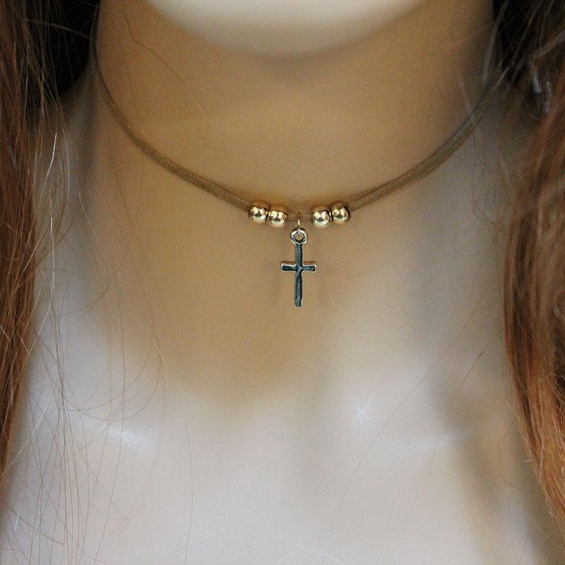 Brown Suede Cross Pendant Choker Necklace - Gothic Grace Inc