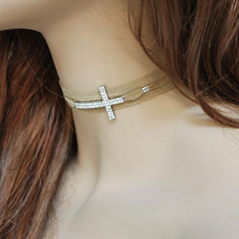 Brown Suede Rhinestone Sideways Cross Choker - Gothic Grace Inc