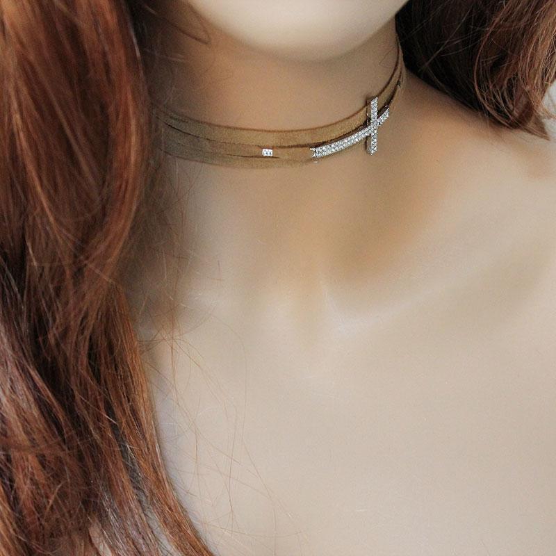 Brown Suede Rhinestone Sideways Cross Choker - Gothic Grace Inc
