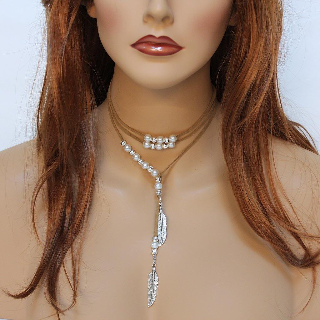 Brown Suede Silver Feather Pearl Lariat Necklace - Gothic Grace Inc
