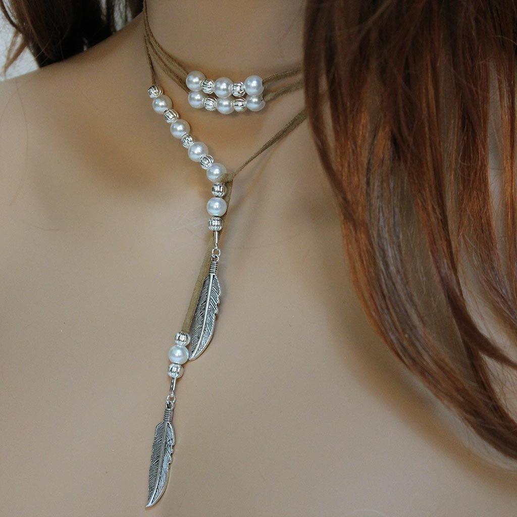Brown Suede Silver Feather Pearl Lariat Necklace - Gothic Grace Inc