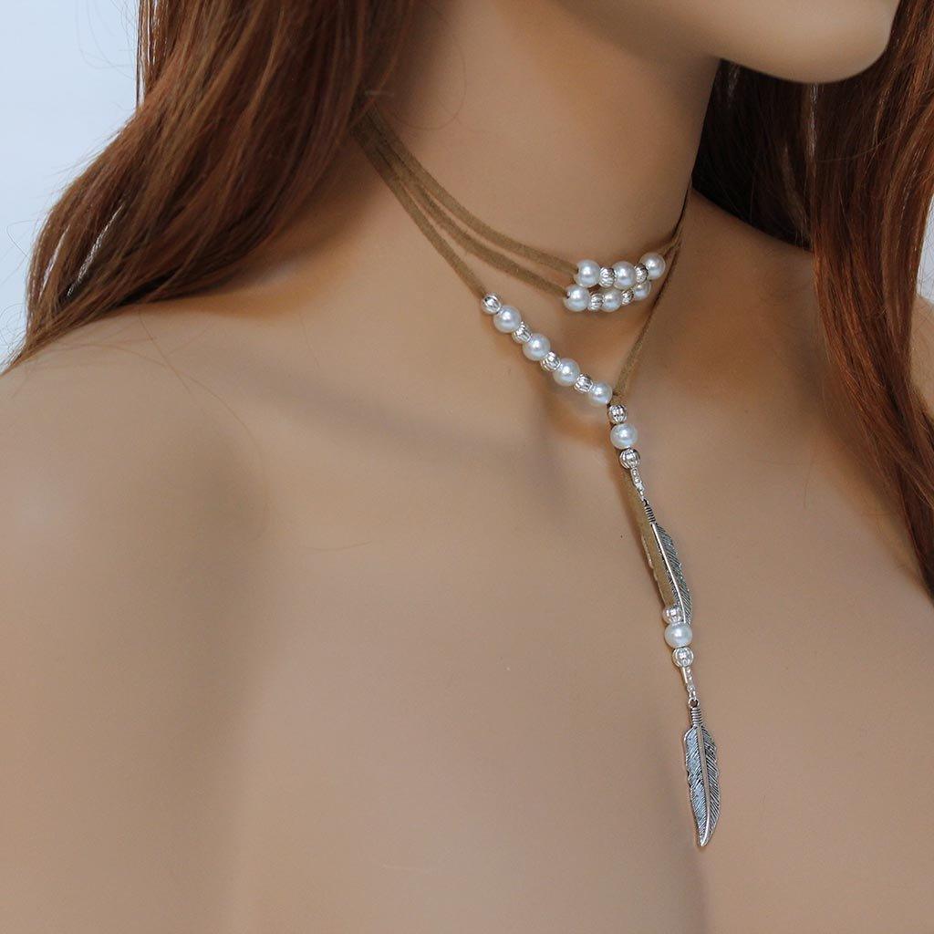 Brown Suede Silver Feather Pearl Lariat Necklace - Gothic Grace Inc