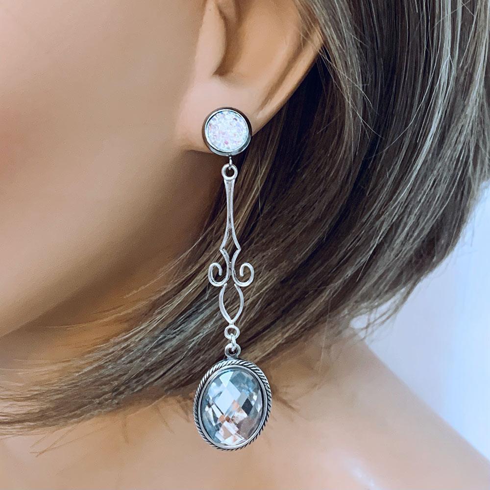 Clear White Druzy Crystal Drop Earrings - Gothic Grace Inc