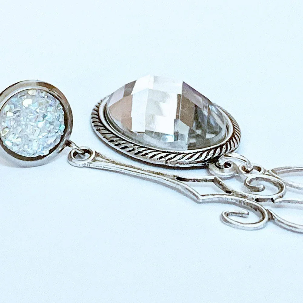 Clear White Druzy Crystal Drop Earrings - Gothic Grace Inc