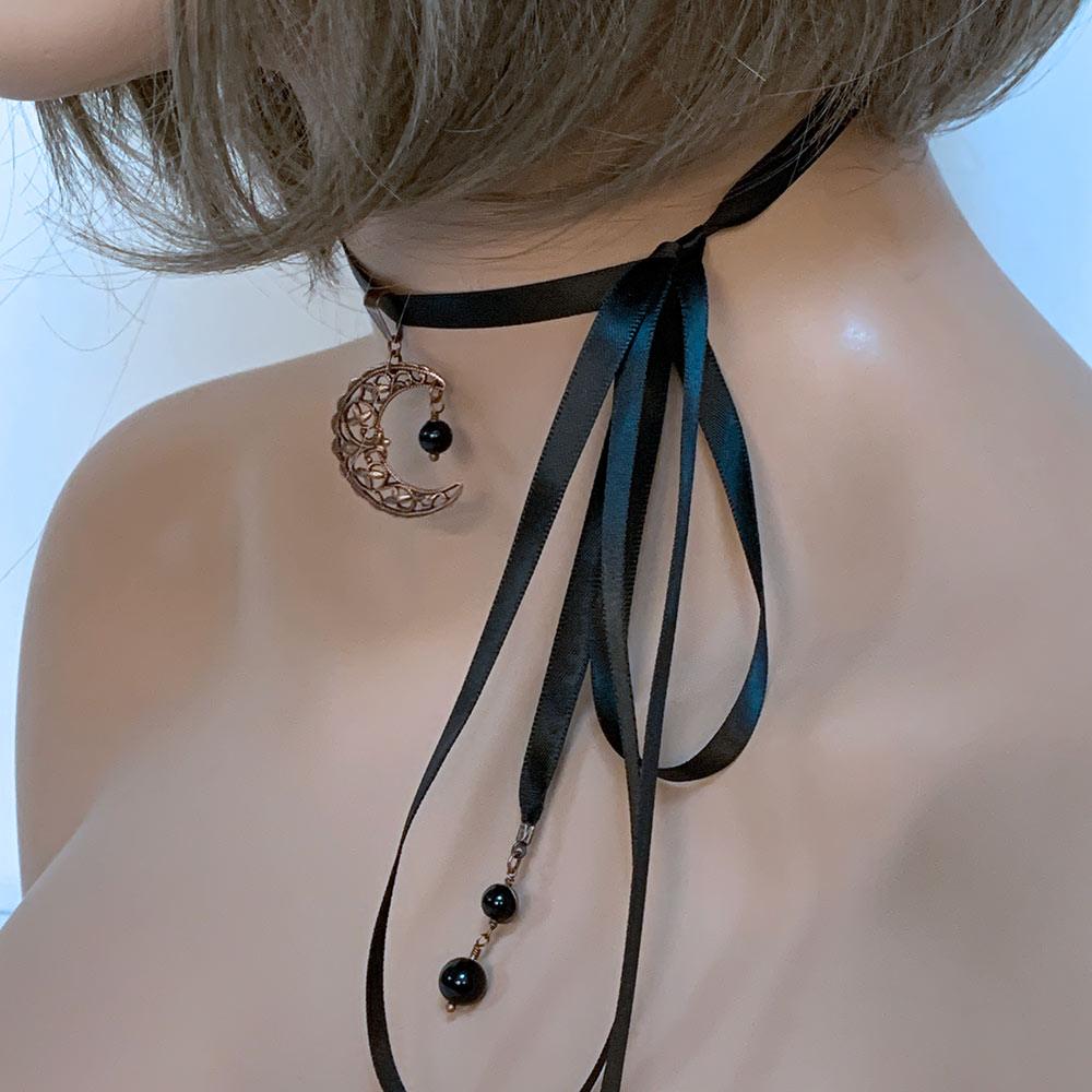 Copper Filigree Moon Black Ribbon Choker Necklace - Gothic Grace Inc