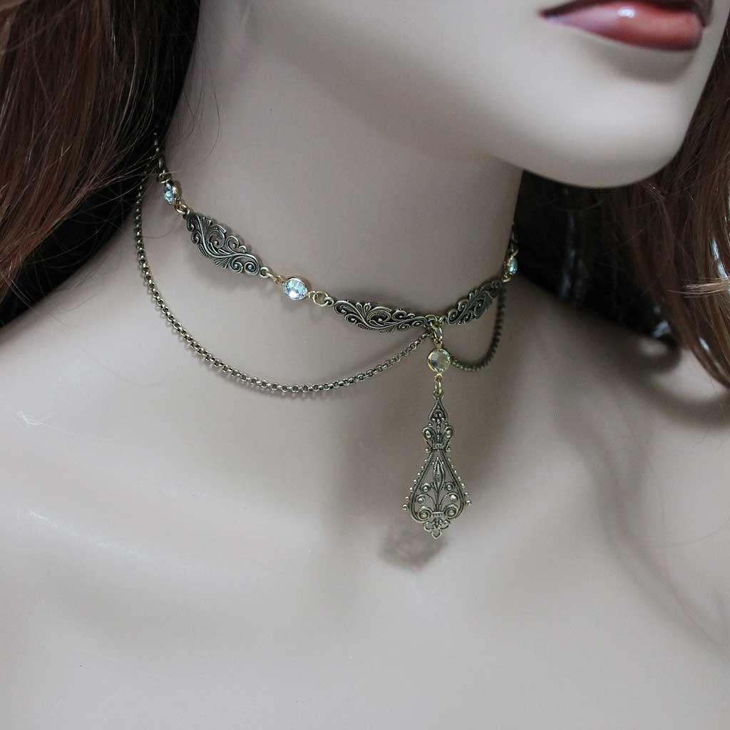 Crystal Brass Victorian Choker Necklace - Gothic Grace Inc