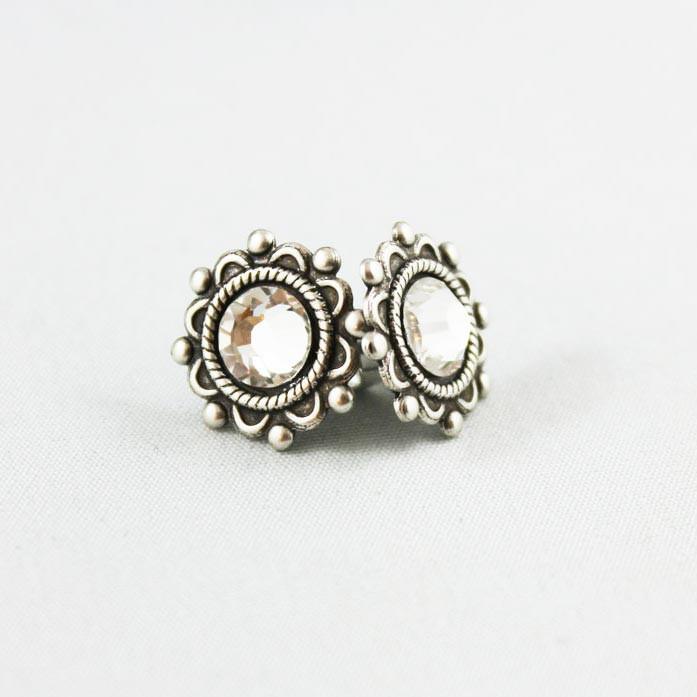 Crystal Oxidized Silver Small Post Earrings - Gothic Grace Inc