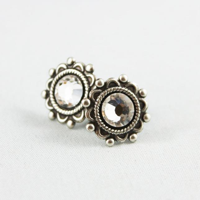 Crystal Oxidized Silver Small Post Earrings - Gothic Grace Inc