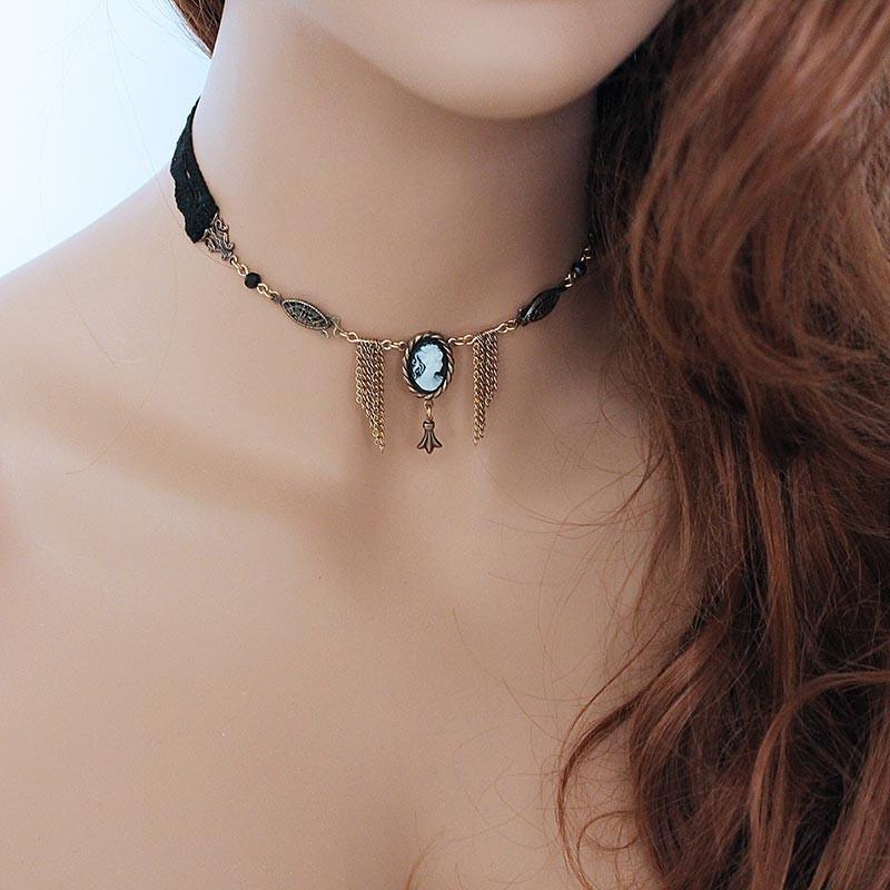 Dainty Black Lace Black Cameo Victorian Choker - Gothic Grace Inc