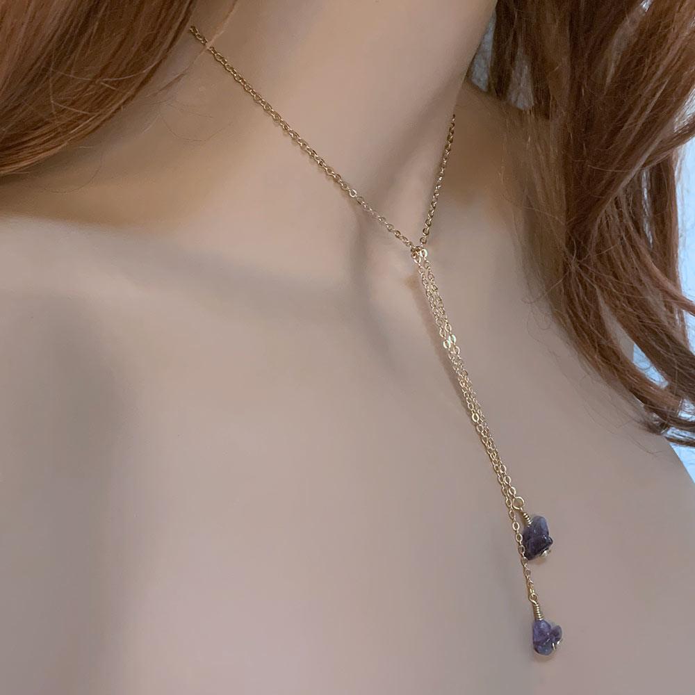 Dainty Gold Amethyst Lariat Necklace - Gothic Grace Inc